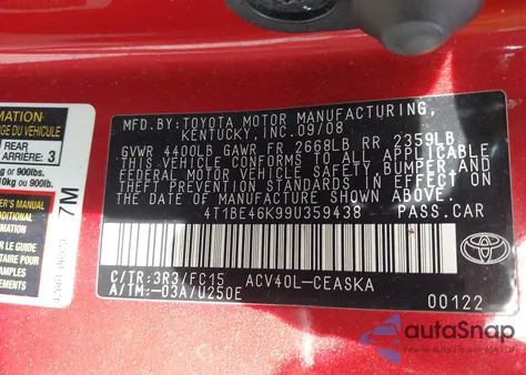 2009 Toyota Camry Se из США, поврежденный, VIN 4T1BE46K99U359438